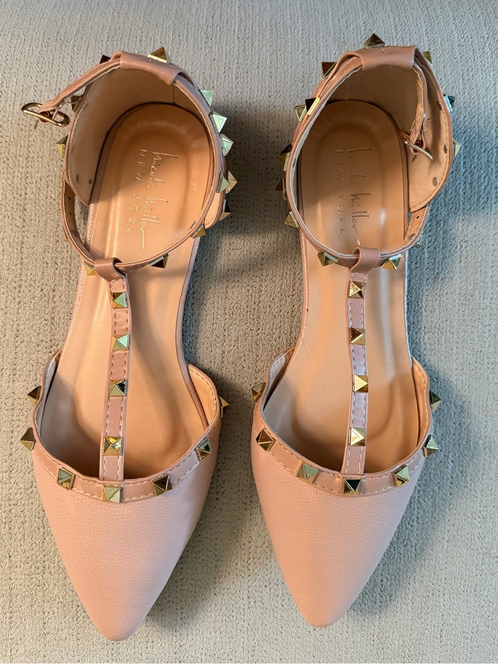 Nicole Miller Blush Pink Studded T-Strap Pointed Flats
